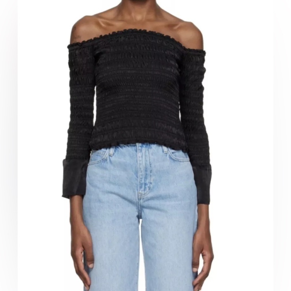 Frame Smocked Off the Shoulder Top Black Satin size Small